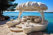 海边度假村石刻遮阳棚座椅摄影图片
