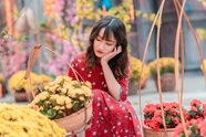 越南花卉市场红色碎花奥黛裙美女图片