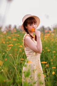 橙色金盏菊花海美女写真摄影图片