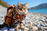 背着背包的可爱缅因猫摄影图片