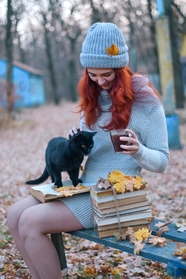 秋季户外长椅撸猫的欧美美女图片