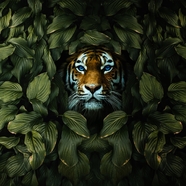 隐藏在茂密绿叶中的老虎图片