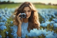 蓝色花海手持相机的美女图片