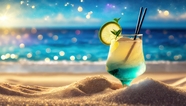 唯美海边沙滩夏日果汁饮料摄影图片