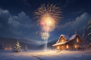 新年雪地烟花夜景摄影图片