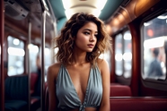坐在电车上的性感卷发女人图片