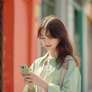 低头看手机的亚洲美女图片