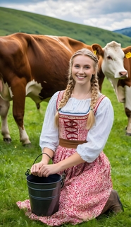 欧美绿色牧场奶牛和挤奶女工摄影图片