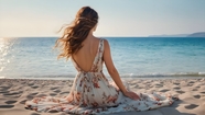 夏日海边沙滩碎花裙美女背影写真图片