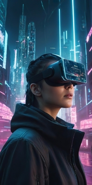 戴着VR眼镜体验科幻场景的美女图片