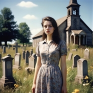 一个人孤单站在墓地的美女图片