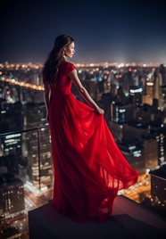 红裙美女站在高楼俯瞰城市夜景背影图片