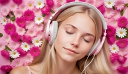 戴着粉色耳机听音乐的美女图片