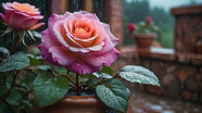 雨后阳台盆栽月季花摄影图片