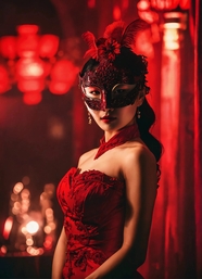 戴着面具的红色晚礼服美女图片