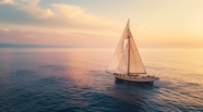 黄昏海上远航的白色帆船图片