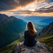 欧美美女坐在高山上沉思背影图片