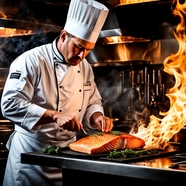 欧美厨师烹饪三文鱼摄影图片