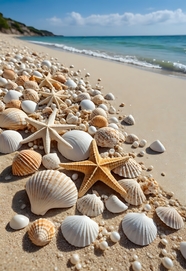 夏日海边沙滩贝壳海星摄影图片