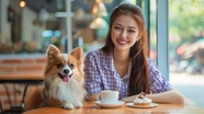 美女和狗狗坐在咖啡店摄影图片