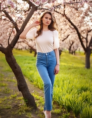 春天粉色樱花林草地牛仔裤美女写真图片