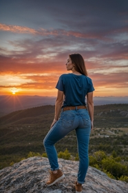 日暮黄昏山顶美女背影写真图片