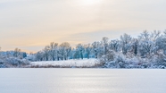 冬季雾凇结冰的湖泊雪景图片