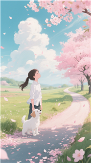 樱花树下女孩与狗治愈系动漫图片