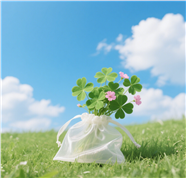 绿色草地白色袋子里的四叶草图片