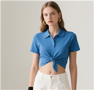 欧美蓝色肚脐装衬衣美女写真图片