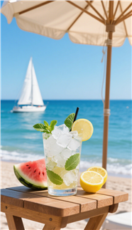 夏日蓝色海边遮阳棚西瓜冰饮图片