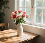 窗边木桌粉色玫瑰花插花图片