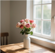 一束插在白色花瓶里的玫瑰花图片