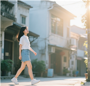 城镇小路白色衬衫短裤美女街拍摄影图片