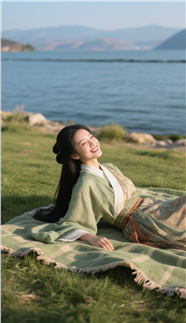 海边草地绿色古风汉服美女图片