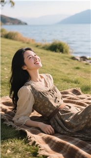 海边草坪上躺在毯子上的美女图片
