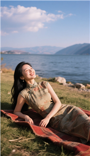 古典旗袍风美女湖边写真图片