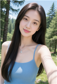 森系写真风格蓝色吊带美女自拍图片