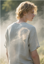 雾气朦胧亚麻衫年轻男子背影图片