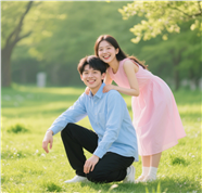 绿色小清新户外踏青情侣摄影图片