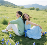 春天户外草地背靠背情侣摄影图片