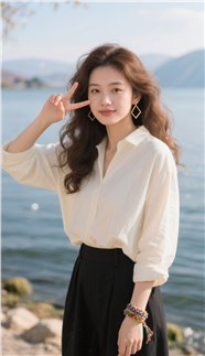 米白色衬衫卷发美女写真图片