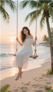 日暮黄昏海边沙滩荡秋千美女写真图片
