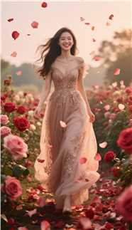 玫瑰花田迎面走来的长发美女图片