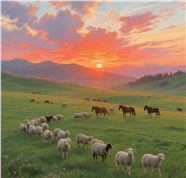 日暮黄昏草原牛马成群摄影图片