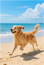 海边沙滩自由奔跑的金毛犬图片