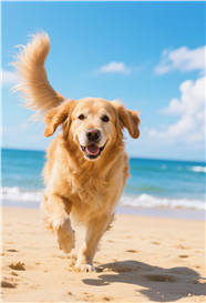 夏日蓝天白云沙滩金毛犬摄影图片