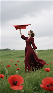 绿色草地上手持纸飞机的红裙美女图片