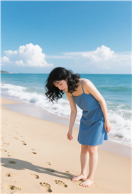 蓝天白云大海沙滩蓝色吊带裙女生图片