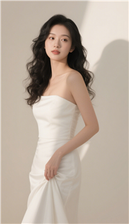 白色抹胸婚纱裙卷发美女摄影图片